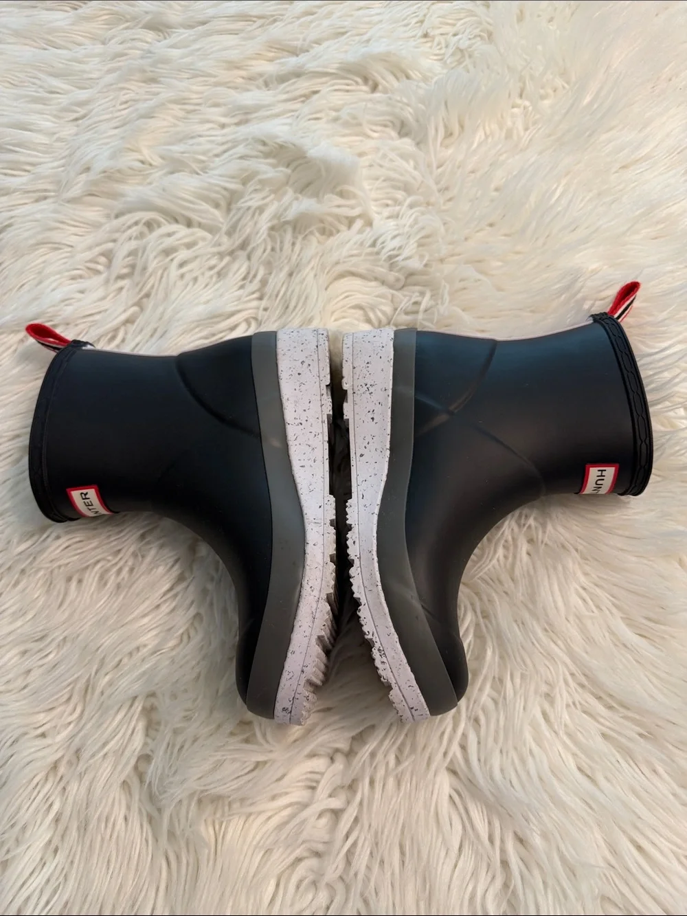 Hunter  Black Rain Boots with White Speckled Sole and Red Pull Tabs BNWOT
